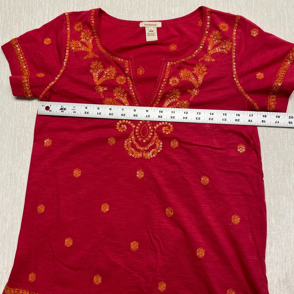 Sundance Floral Embroidered Top Womens Small Red Slub Sequin V-Neck Boho Blouse - Picture 12 of 16
